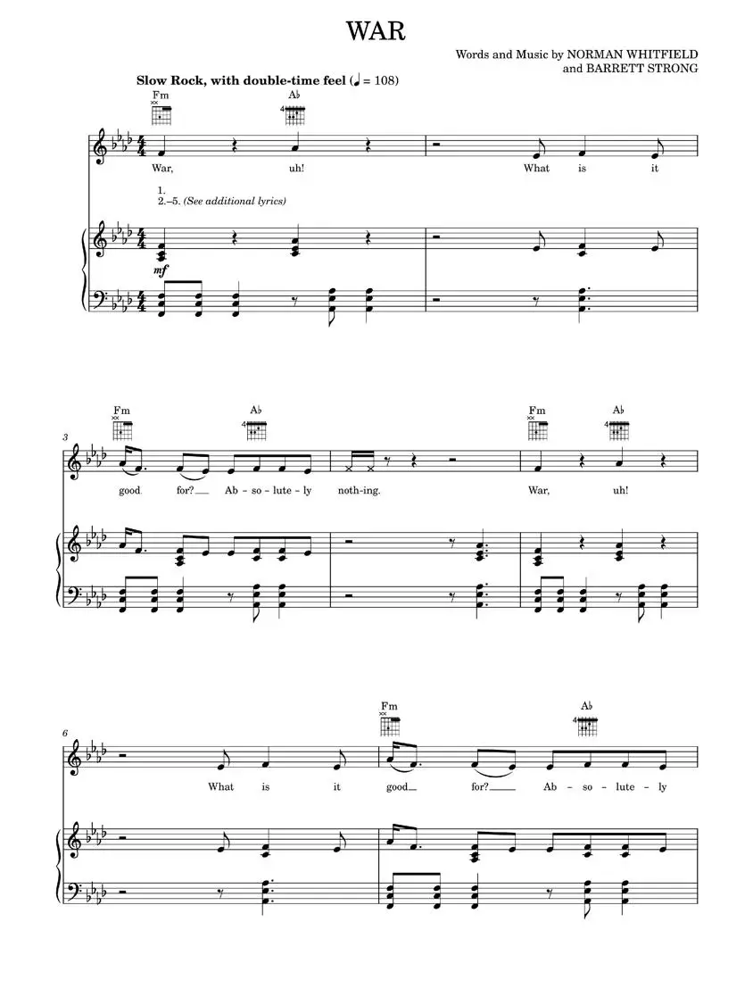 War - Bruce Springsteen, Edwin Starr, The Temptations (Piano-Vocal-Guitar)