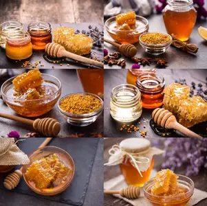 Flower honey in glass jar and honeycombs