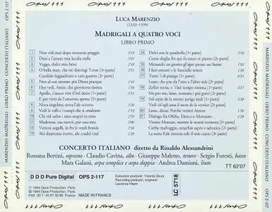 Rinaldo Alessandrini, Concerto Italiano - Luca Marenzio: Madrigali a quattro voci, Libro Primo 1585 (1994)