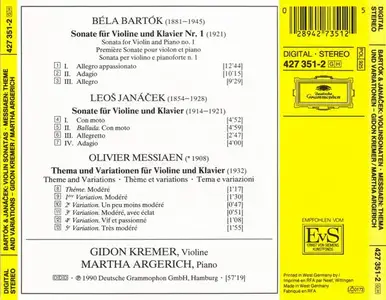 Martha Argerich, Gidon Kremer - Bartok, Janacek: Violin Sonatas, Messiaen: Theme and Variations (1990)