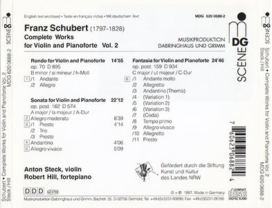 Franz Schubert - Steck, Hill - Complete Works for Violin and Pianoforte Vol.2 [MDG 620 0688-2] {1997}