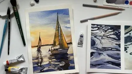 Watercolor Sea: Painting Sunset And Water Reflection