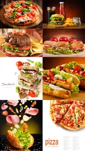 Pizza, hamburgers, sandwich, hot dog