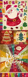 Retro Christmas cards with tree & santa