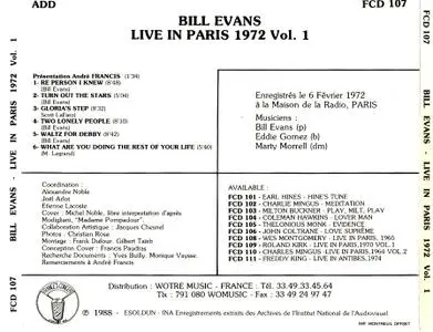 Bill Evans - Live In Paris, 1972 Vol. 1 (1988) {Esoldun France FCD 107}