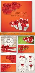 Holiday gift cards with red ribbons and bows vector set 4