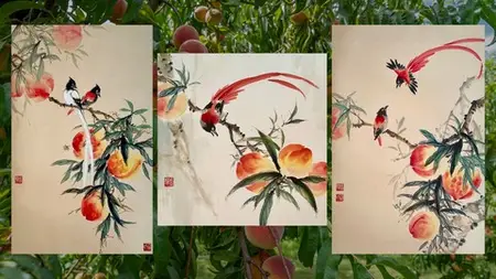 Relax With Chinese Painting - Peach & Paradise Flycatcher