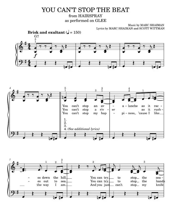 You Can't Stop The Beat - Glee TV Series, Glee Cast, Hairspray Musical, Marc Shaiman (Easy Piano)