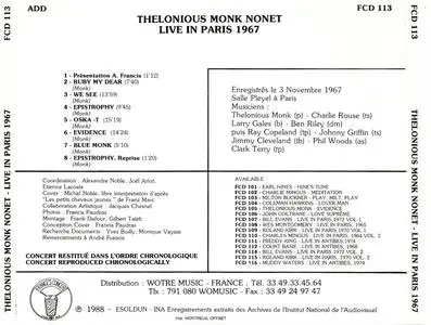Thelonious Monk Nonet - Live In Paris 1967 (1988) {France's Concert FCD 113}