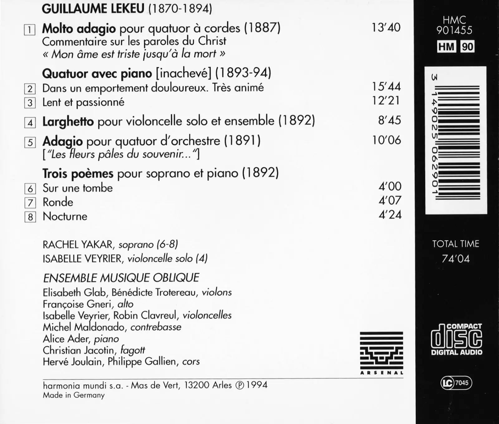 Ensemble Musique Oblique - Guillaume Lekeu: Chamber Music (1994) / AvaxHome