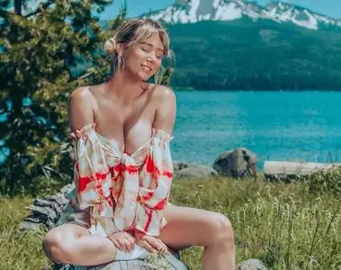 Sara Jean Underwood with waterfalls and montains on June 7, 2020