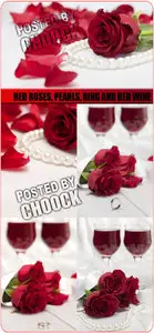 Stock Photo: Red roses, pearls, ring and red wine