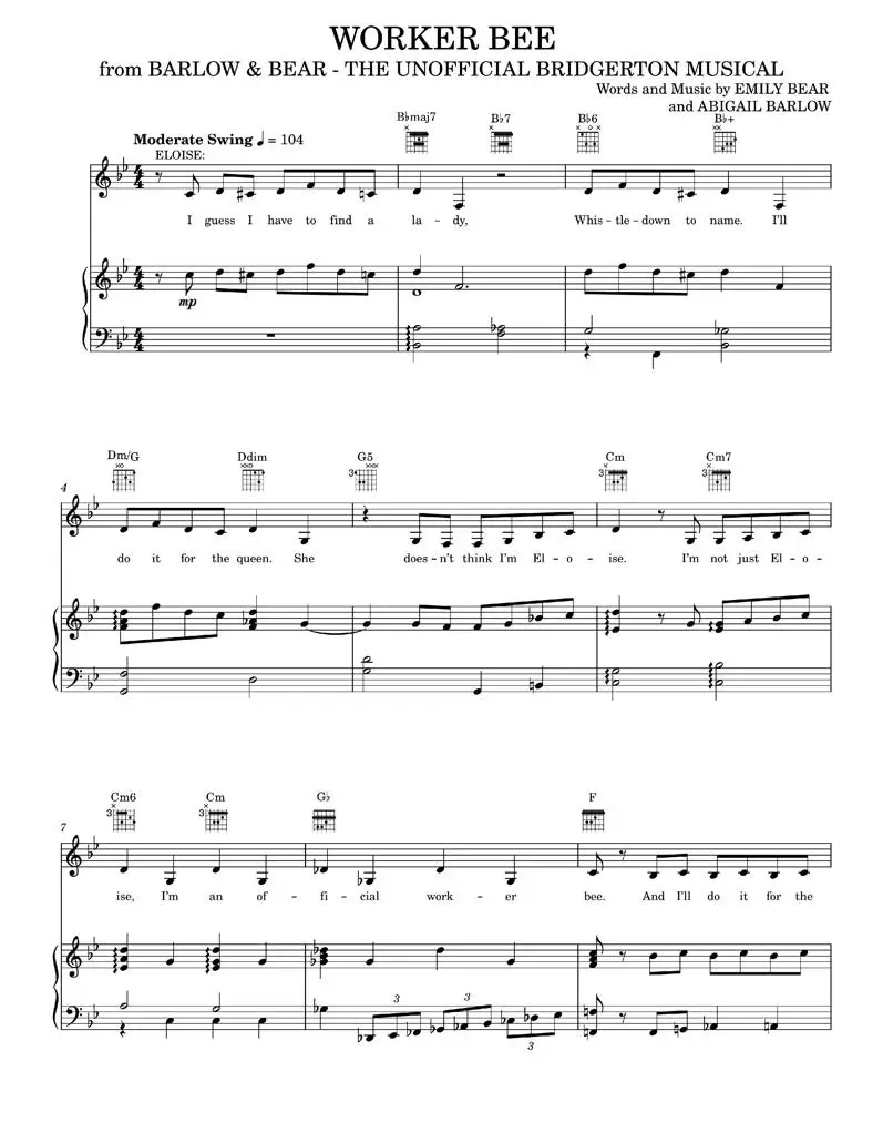 Worker Bee (from The Unofficial Bridgerton Musical) - Barlow & Bear (Piano-Vocal-Guitar)
