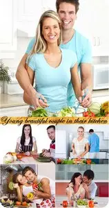 Stock Photo: Young beautiful couple in their kitchen