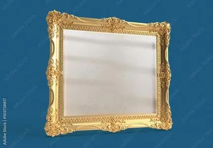 Simply Beautiful Gold and Ornamented Frame Mockup on a Blue Background 503738817