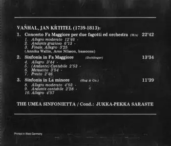 The Umeå Sinfonietta, Jukka-Pekka Saraste - Vaňhal: Concerto for 2 Bassoons, 2 Sinfonias (1992)