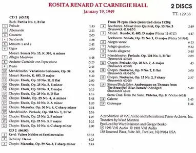 Rosita Renard at Carnegie Hall [Live] 19 January 1949 plus Rare Recordings from 1928 [2 CDs] [Re-up+new rip]