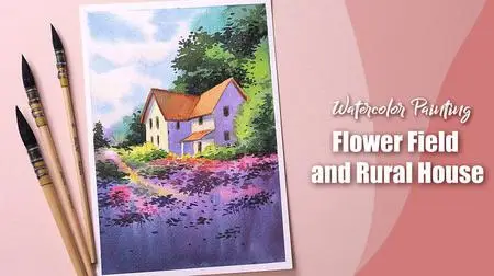 Watercolor Painting Technique: Learn to paint Beautiful Flower field landscape step by step