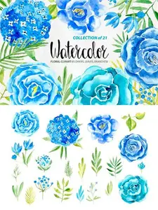 Watercolor blue flowers set 534011