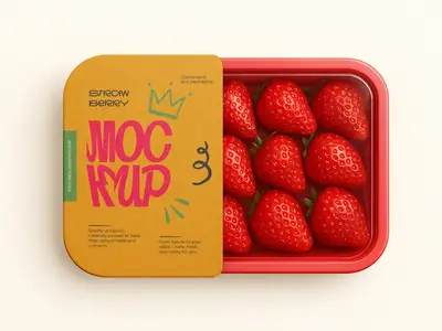 Food Tray Packaging Mockup - Realistic Fresh Strawberry Container with Label Design 1666887479