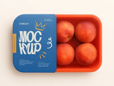 Template Peach Packaging Box Mockup - Fresh Fruit Tray, Plastic Food Container Branding Design 16...