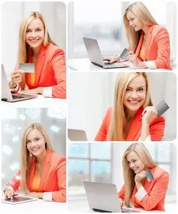 Happy Teenage Girl with Laptop and Credit card
