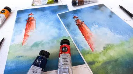 Summer Fun in Watercolor Painting : Majestic Lighthouse with Crashing Waves