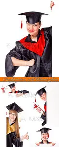 Cheerful student with billboards photos