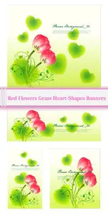Vector Red Flowers Grass Heart-Shapes Banners qBee